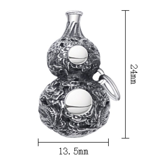 990 Pure Silver Twin Dragons Guarding Gourd Fortune Pendant