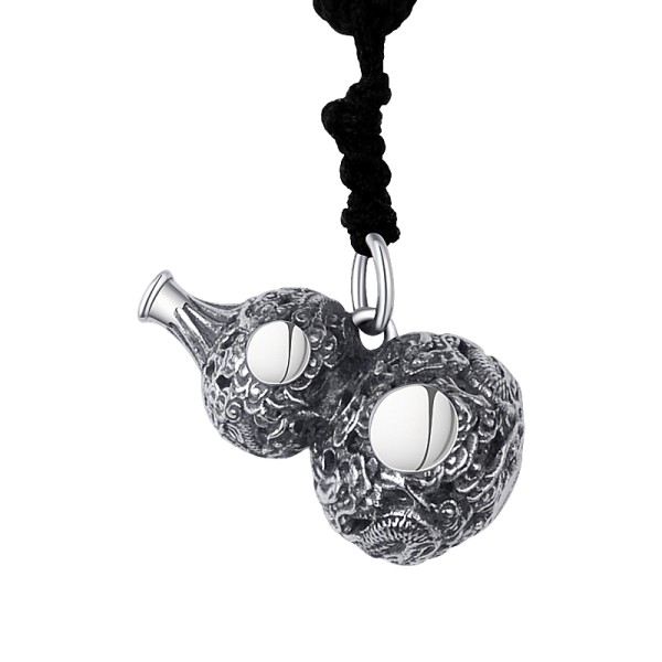 990 Pure Silver Twin Dragons Guarding Gourd Fortune Pendant