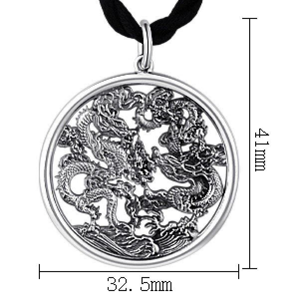 990 Pure Silver Twin Dragons Playing with Pearl Pendant