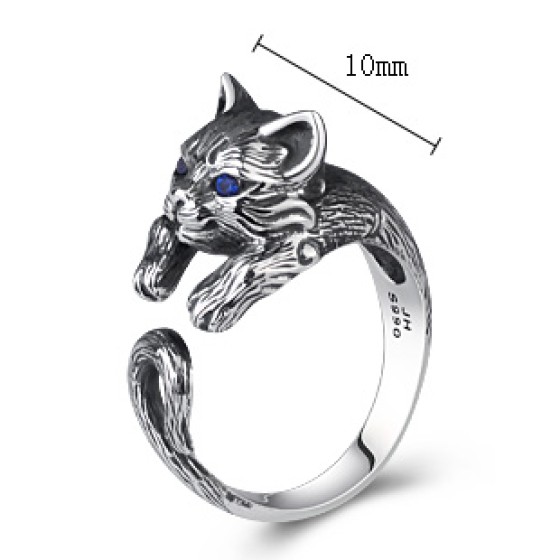 990 Pure Silver Fortune Cat Open-End Ring