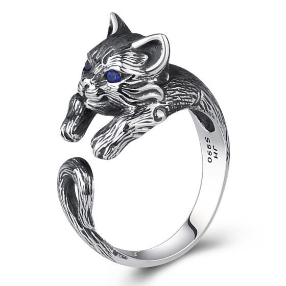 990 Pure Silver Fortune Cat Open-End Ring