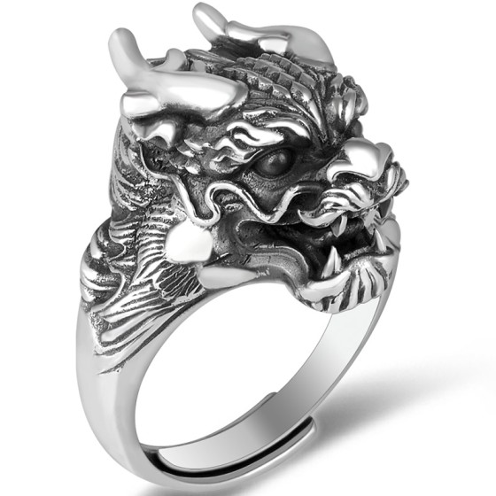 990 Pure Silver Zodiac Dragon Head Open-End Ring