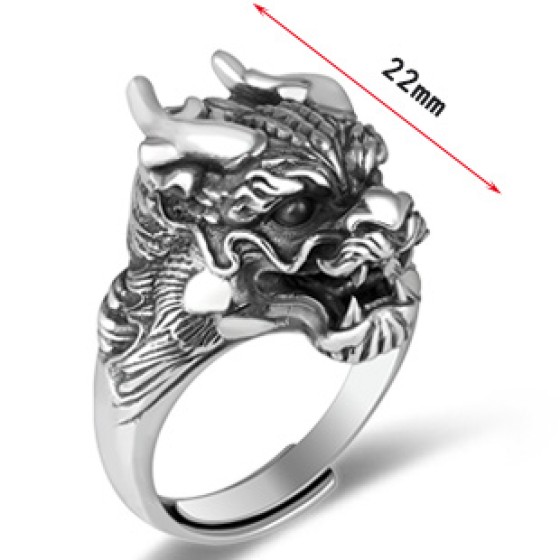 990 Pure Silver Zodiac Dragon Head Open-End Ring