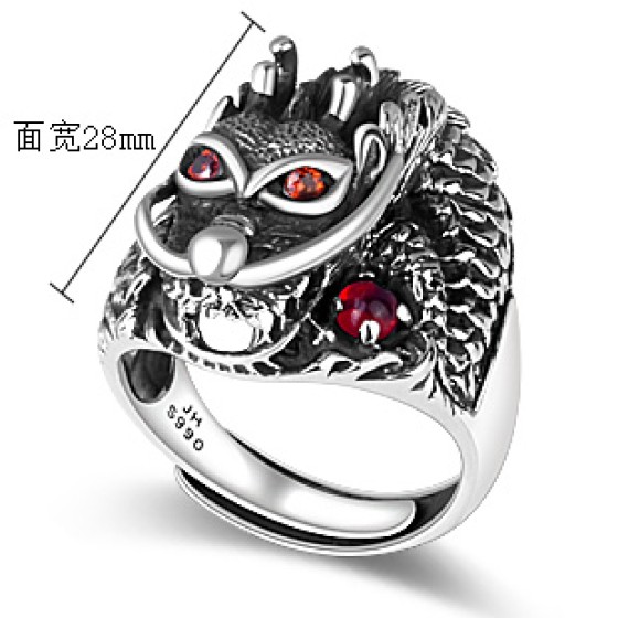 990 Pure Silver Dragon Head Open-End Ring