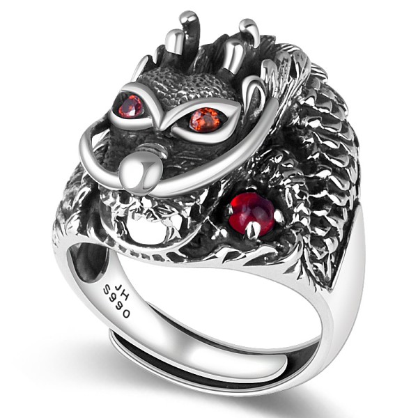 990 Pure Silver Dragon Head Open-End Ring