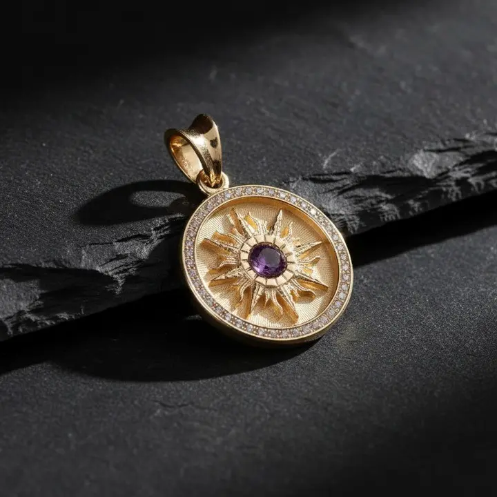 Gold Plated Sun Pendant February Amethyst Front View