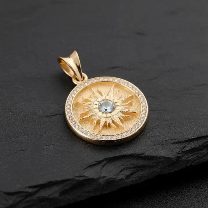 Gold Plated Sun Pendant March Aquamarine Front View