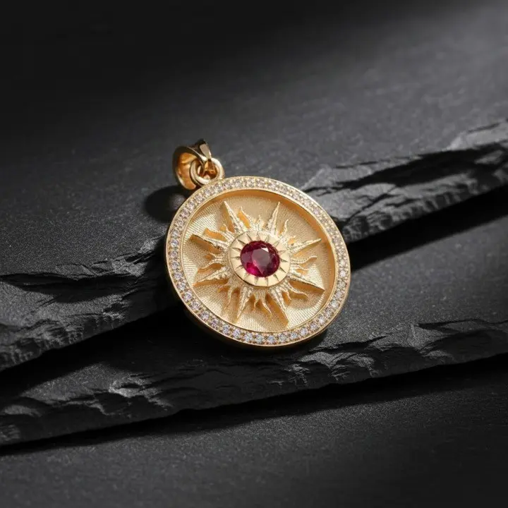 Gold Plated Sun Pendant July Ruby Front View