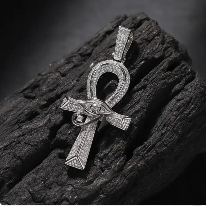 14K White Gold Finished S925 Sterling Silver Ankh and Eye of Horus Guard Pendant with Cubic Zirconia