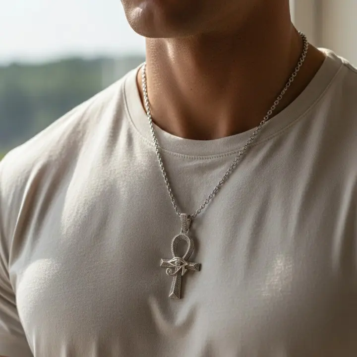 14K White Gold Finished S925 Sterling Silver Ankh and Eye of Horus Guard Pendant with Cubic Zirconia