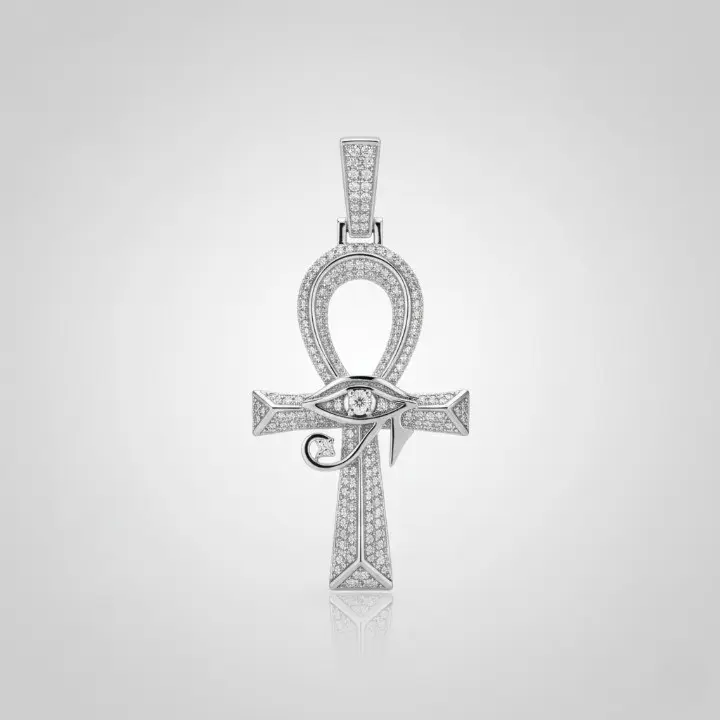 14K White Gold Finished S925 Sterling Silver Ankh and Eye of Horus Guard Pendant with Cubic Zirconia