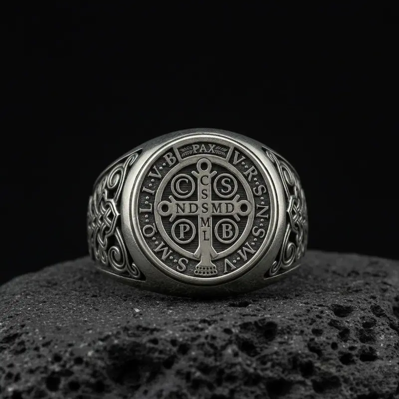Saint Benedict Cross Seal of Protection Vintage 925 Sterling Silver Ring