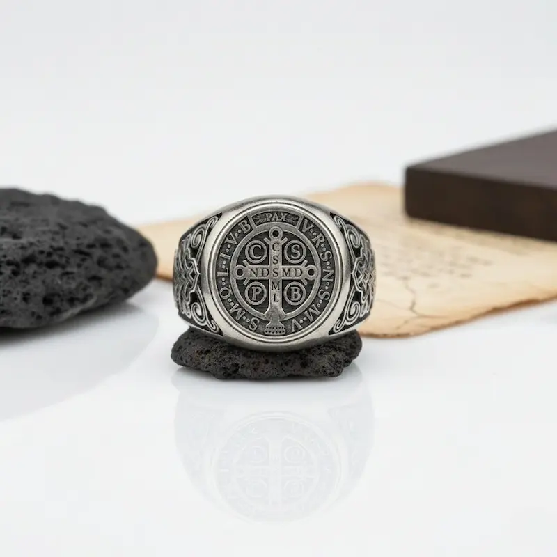 Saint Benedict Cross Seal of Protection Vintage 925 Sterling Silver Ring