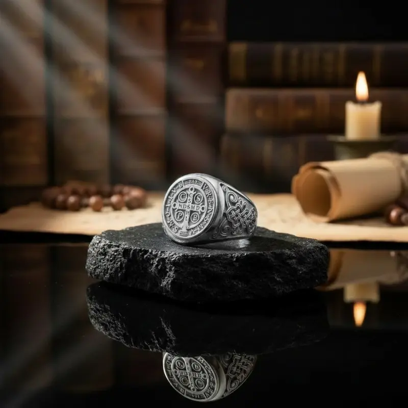 Saint Benedict Cross Seal of Protection Vintage 925 Sterling Silver Ring